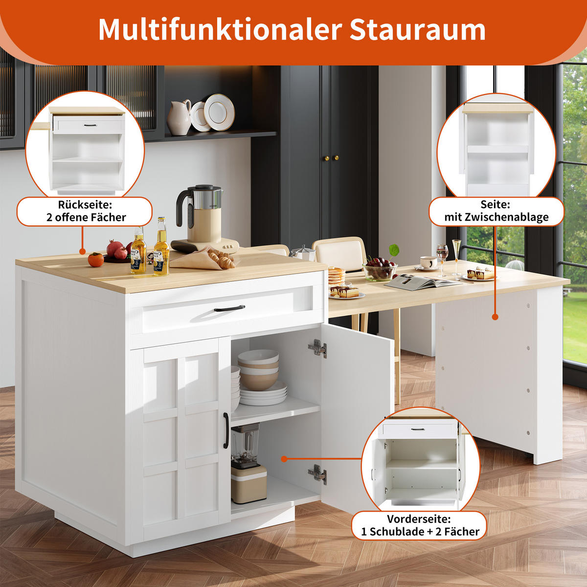 AUSZIEHBARER Bartisch aus MDF mit Stauraum, 133-202/70/93,5 cm, Weiß - Weiß, Holzwerkstoff (70/93.5/133cm) - Redom