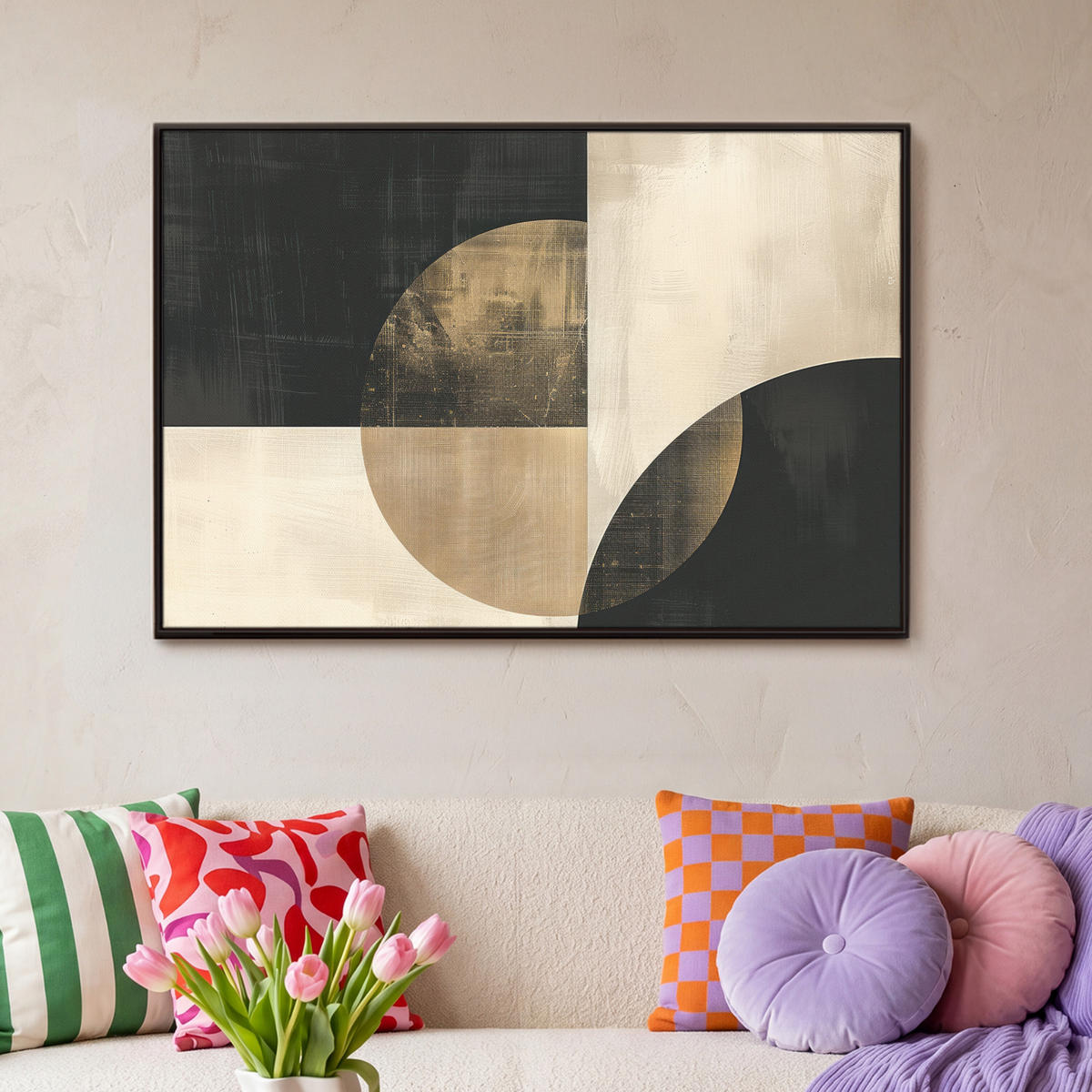 LEINWAND Bilder mit Rahmen - Abstrakt - Geometrische Formen - Schwarz - Gold - 90x60 - Ecru, Textil (90/60cm) - MuchoWow