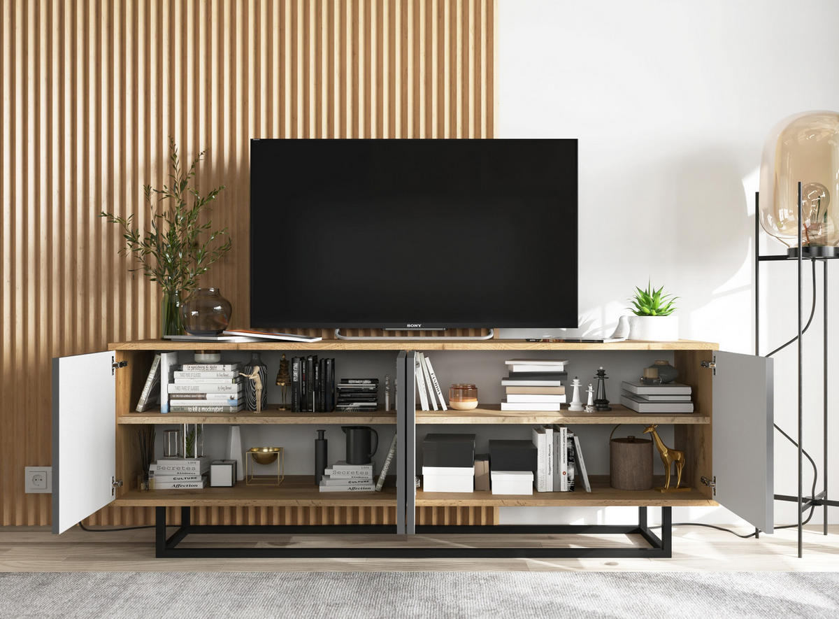 TV-SCHRANK Apollo2 Eiche wotan Graphit Matt 150/53/35 cm - Graphitfarben/Schwarz, Holzwerkstoff/Metall (150/53/35cm) - Meble Lindner