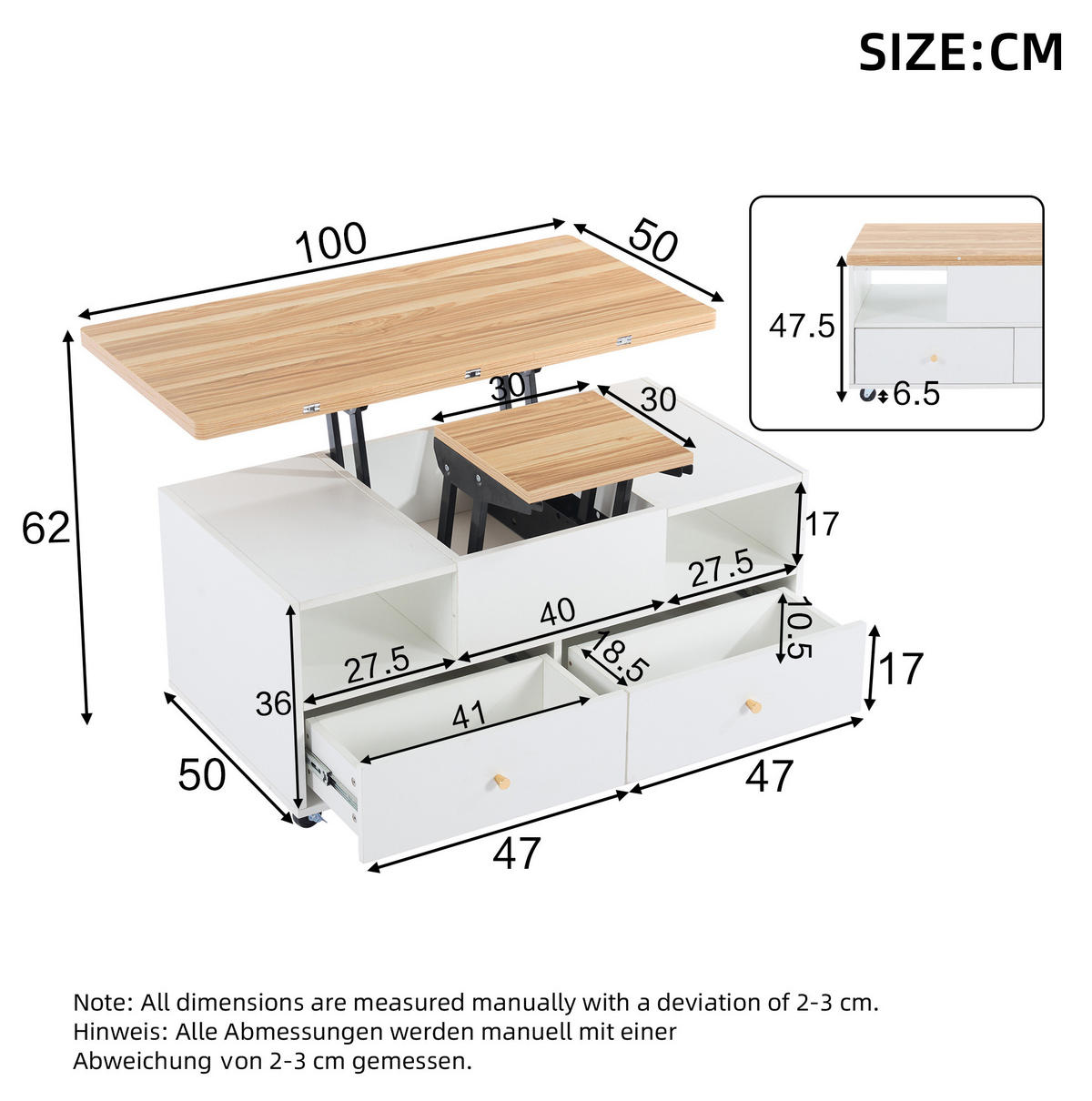 COUCHTISCH aus MDF 100x50x47,5 cm Naturholz/Weiß höhenverstellbar, klappbar mit 4 Schubladen und Rollen - Naturfarben, Holzwerkstoff (100/50/47.5cm) - Modfu