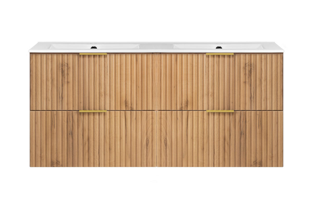 WASCHBECKUNTERSCHRANK, Eiche Craft, 120 (2 x 60) x 57 x 46 cm, Griff Gold, ohne Arbeitsplatte - Eichefarben/Goldfarben, Holzwerkstoff (120/57/46cm) - 3XE LIVING