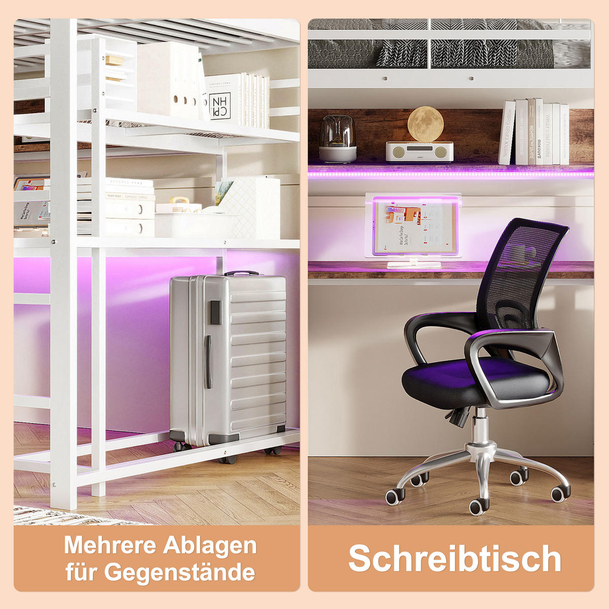 HOCHBETT 140x200cm Weiß Metall LED-Licht Schreibtisch 1 Schublade - Weiß, Holz (140/200cm) - FLIEKS