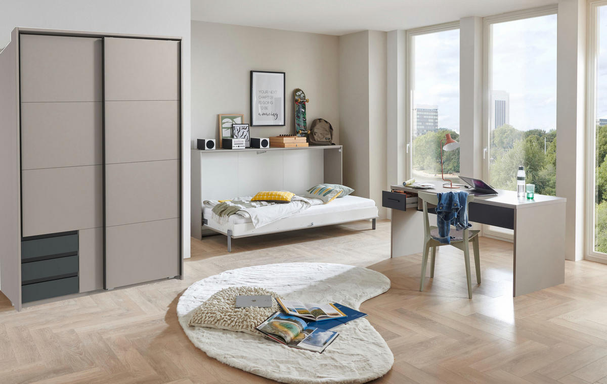 JUGENDZIMMER Bahamas Saharagrau- Grafit 5 teilig mit Schwebetürenschrank und Klappbett - Grau, Holzwerkstoff (80/200/120cm)