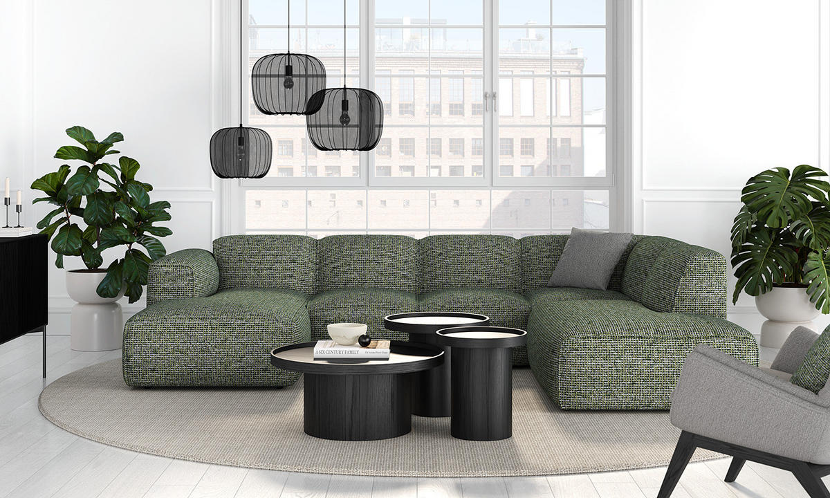 WOHNLANDSCHAFT mit Longchair - Schwarz/Grün, Kunststoff/Textil (325/71/235cm) - home24