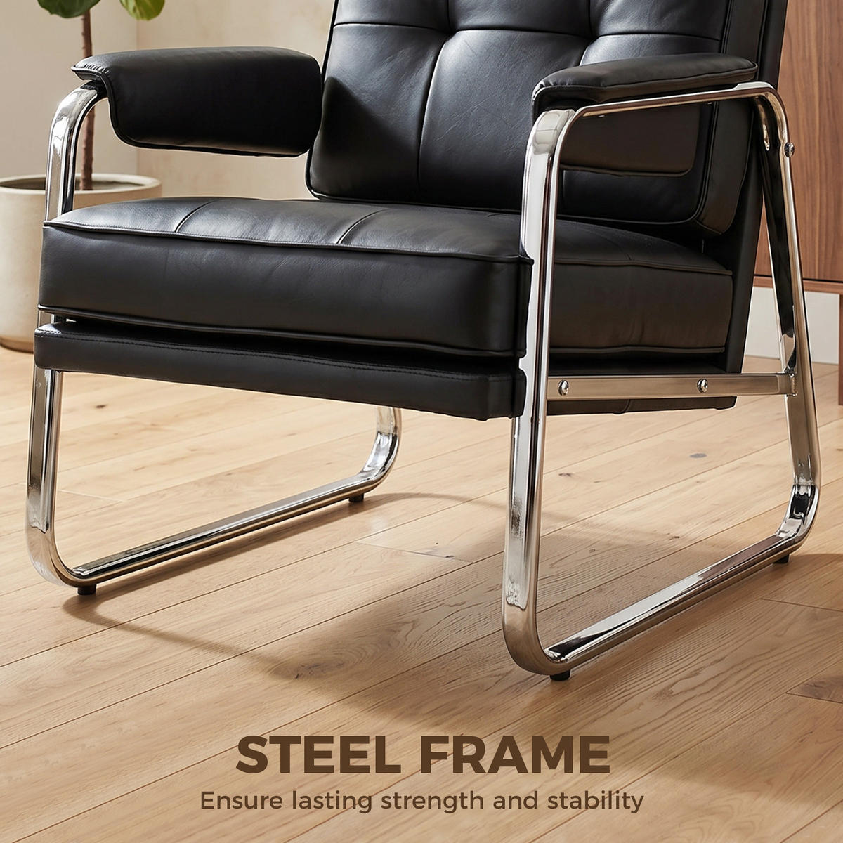 SESSEL LOUNGESESSEL DE-06615 breiter Sitz, Armlehnen, Stahlbeine, Kunstleder Schwarz - Schwarz, Leder/Metall (79/84/80cm) - ComfortXL