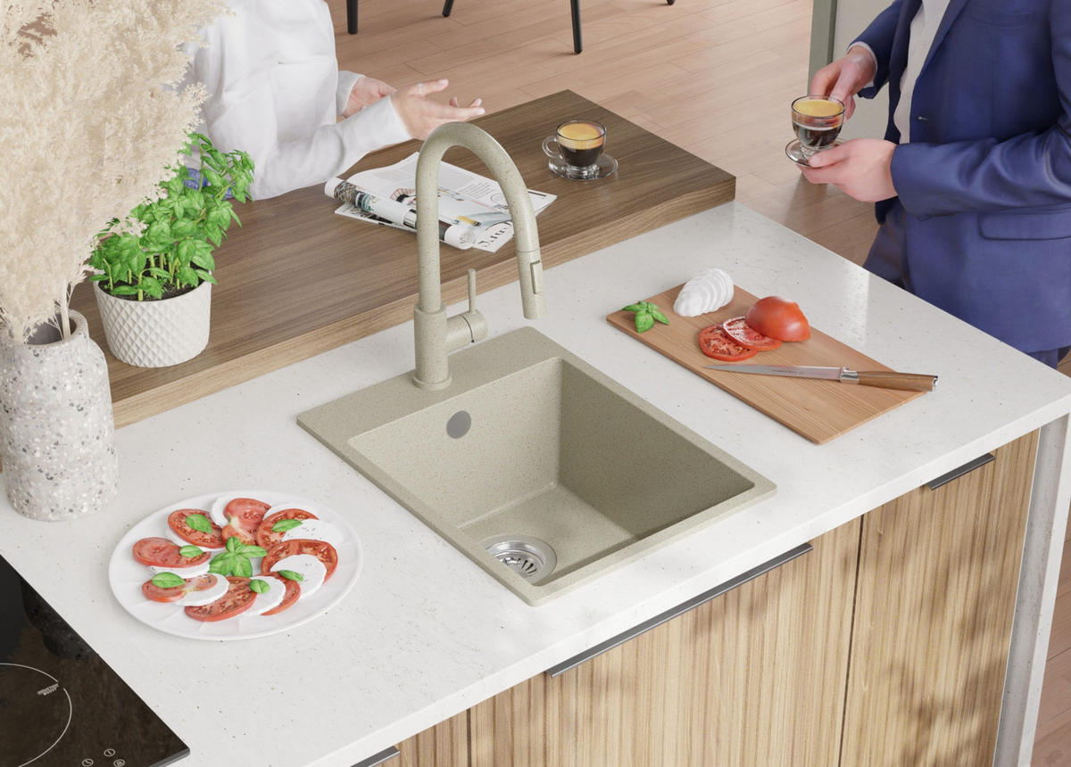 SPÜLBECKEN Riga, 2-er set Beige 38/50 cm 1 Becken + Ablauf-Set ab 40er Unterschrank - Chromfarben/Beige, Kunststoff (38/20/50cm) - Primagran