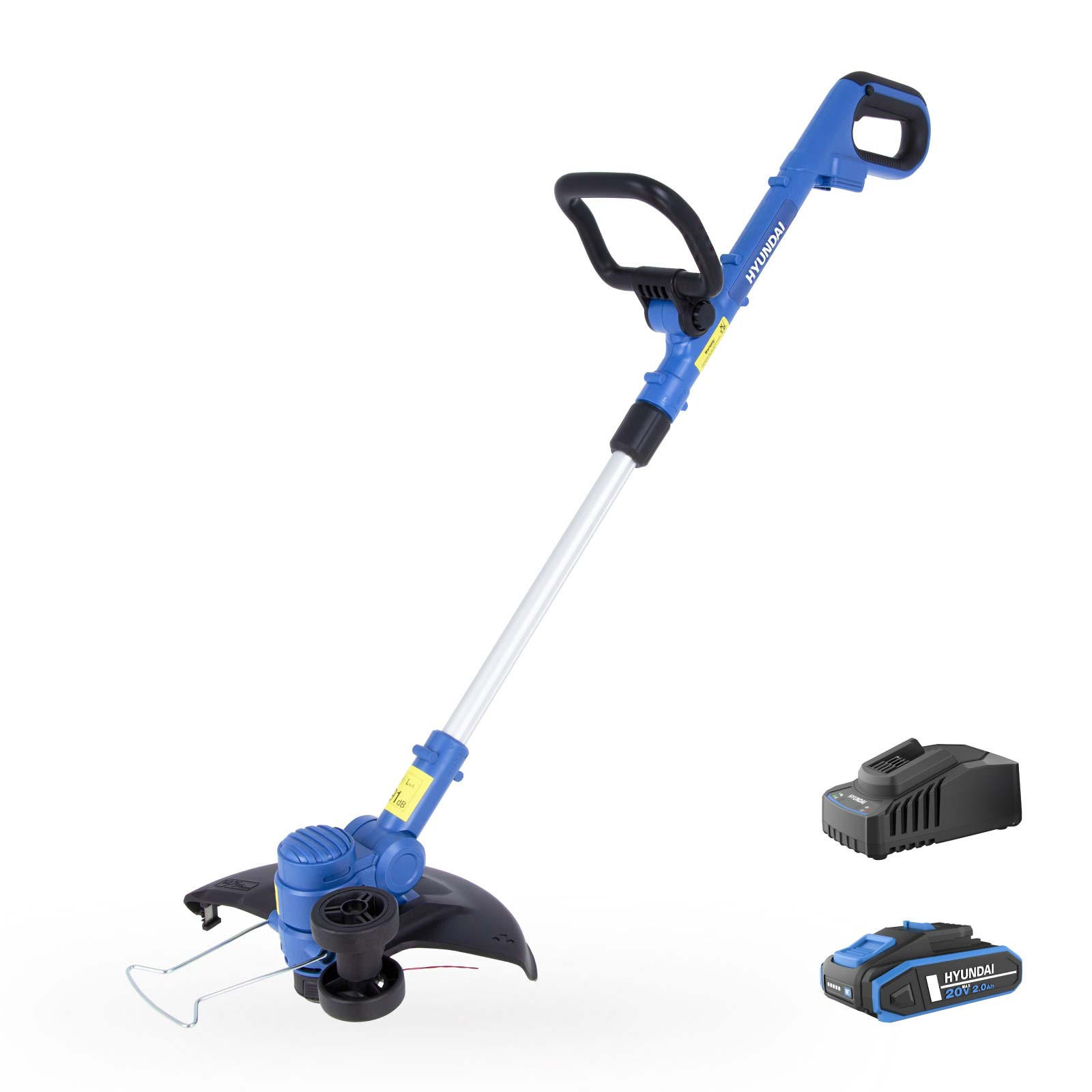 AKKU-RASENTRIMMER 20V 30 cm, dreh- und schwenkbarer Trimmerkopf, Teleskopstange & Kantenführungsrad – 2Ah-Akku und Ladegerät - Blau, Kunststoff (32/36.5cm) - HYUNDAI