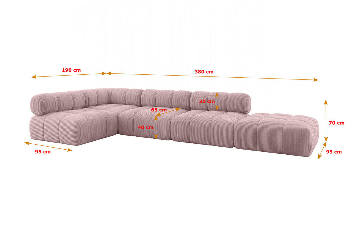 ECKSOFA modulares Sofa Favio-L2 - 380x190x70 cm Rosa Cord - Rosa, Holzwerkstoff/Textil (380/190cm) - ALTDECOR