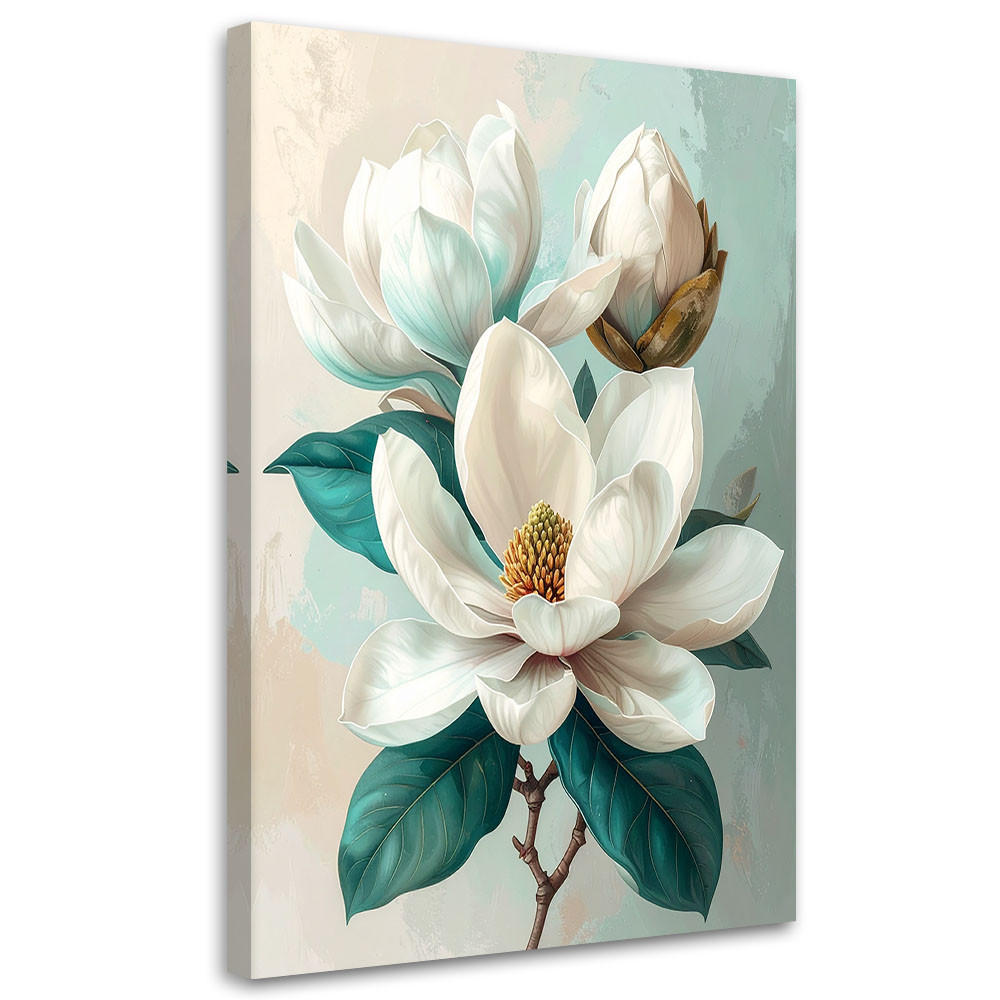 WANDBILD, Weiße Magnolie mit türkisfarbenen Blättern auf hellem Hintergrund - Grün, Textil (20/30cm) - Feeby