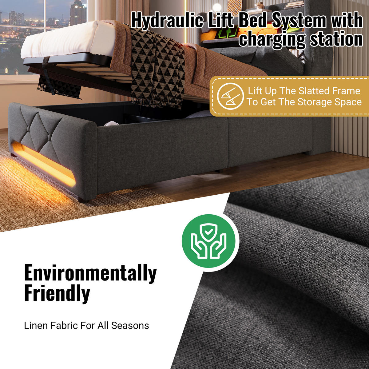 POLSTERBETT 140/200 mit LED, Bettkasten, USB und Type-C-Anschluss in Grau - Grau, Holzwerkstoff/Textil (140/200cm) - EVRYAE
