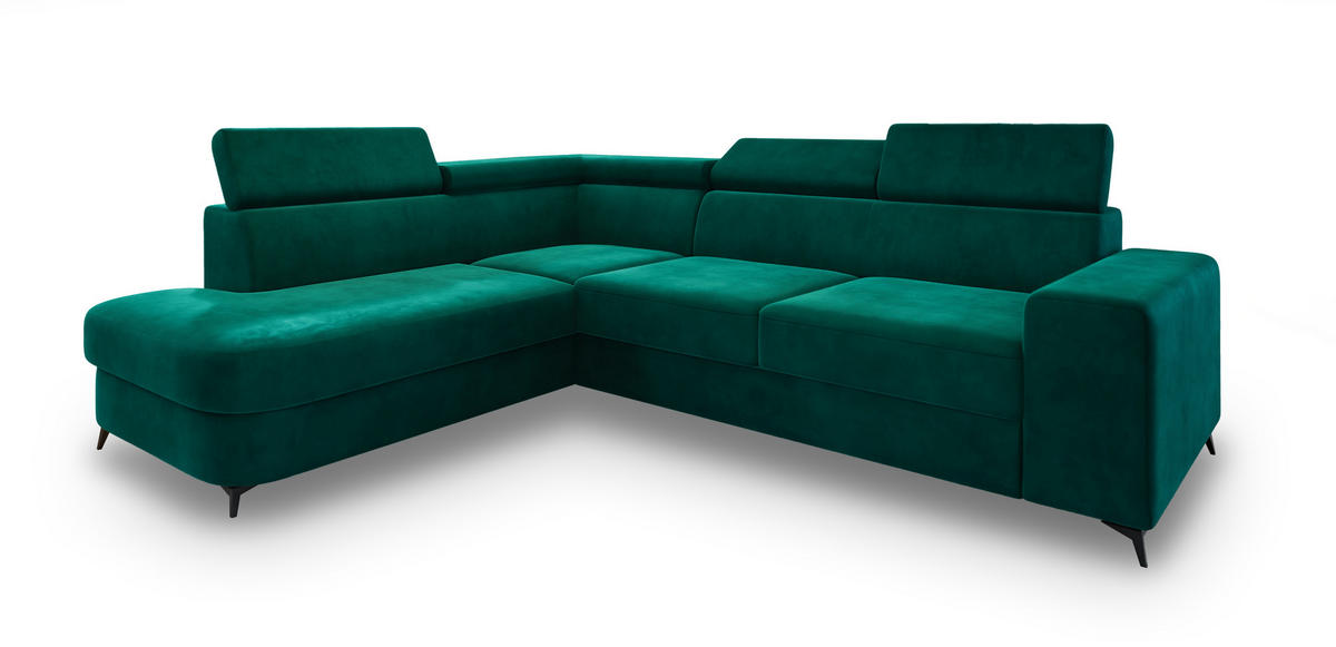 ECKSOFA ALVORO L-S Grün Velours-Stoff mit Schlaffunktion - Grün, Holz (253/190cm) - MASSENO