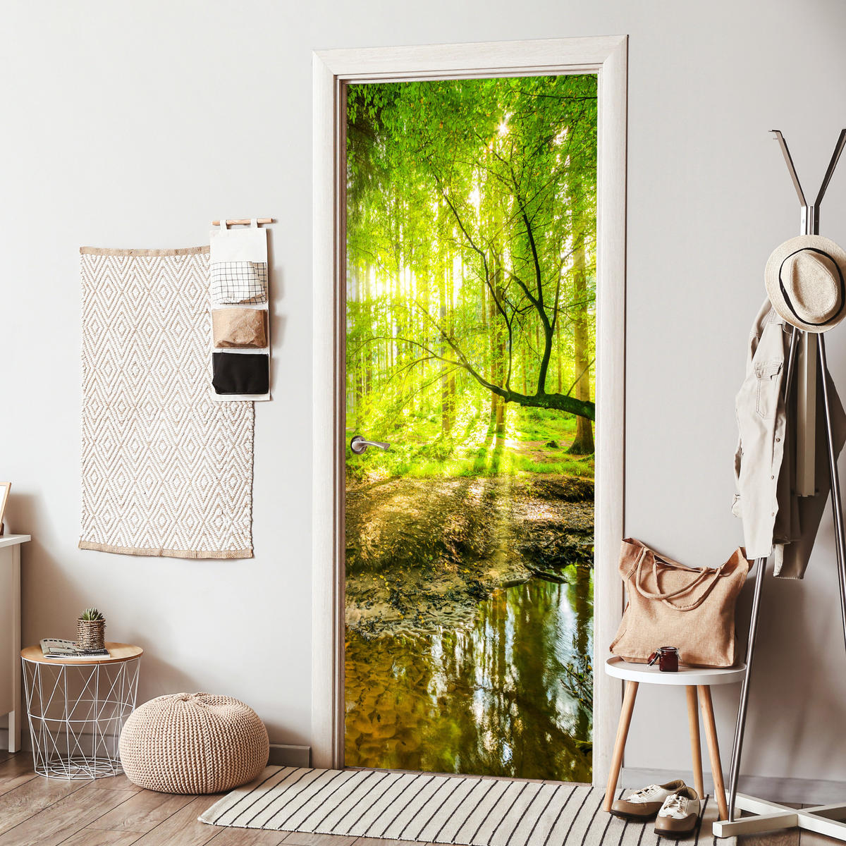 TÜRAUFKLEBER Wald - Landschaft - Wasser - Bäume - Sonne - Grün - Natur Deko Wohnzimmer 95x235 cm - Türtapete - Hellgrün, Kunststoff (95/0.1cm) - MuchoWow