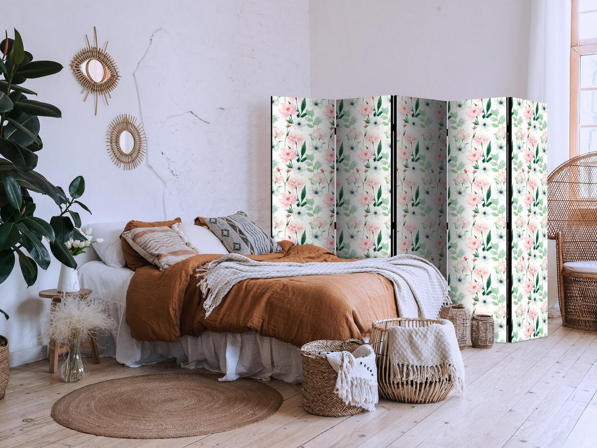 PARAVÁN Jednostranný 5-dielny 225x172 cm Pivonky Kvety - viacfarebná, drevo/textil (225/172/3cm) - Muralo