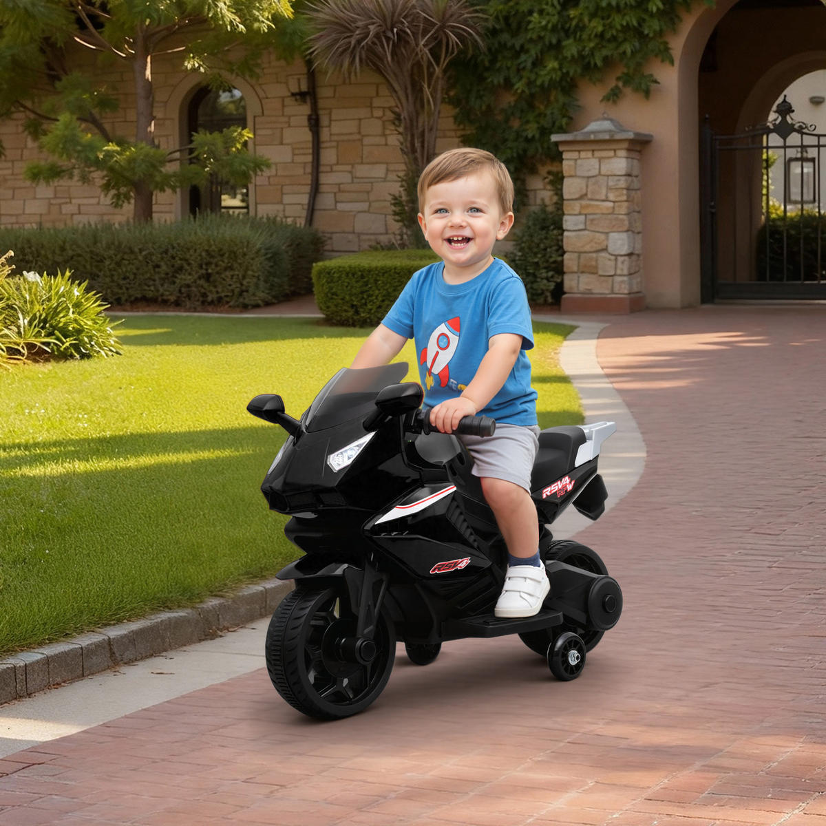 ELEKTRO-KINDERMOTORRAD mit USB Stützrädern und Musik, schwarz - Schwarz, Metall (75/36/49cm) - AIYAPLAY