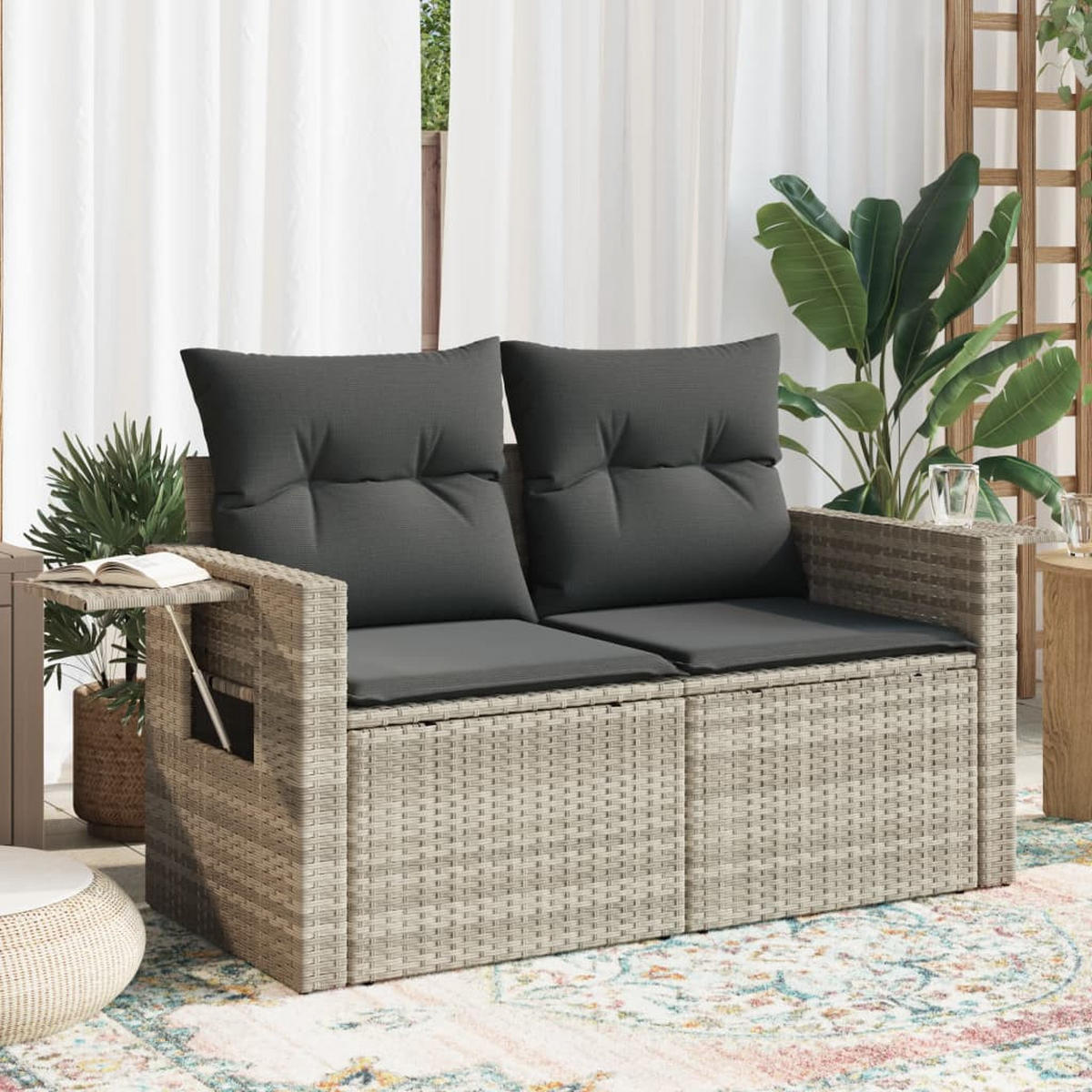 GARTENSOFA Mit Kissen 2-Sitzer Hellgrau Poly Rattan - Hellgrau, Kunststoff (124/69/62cm) - vidaXL
