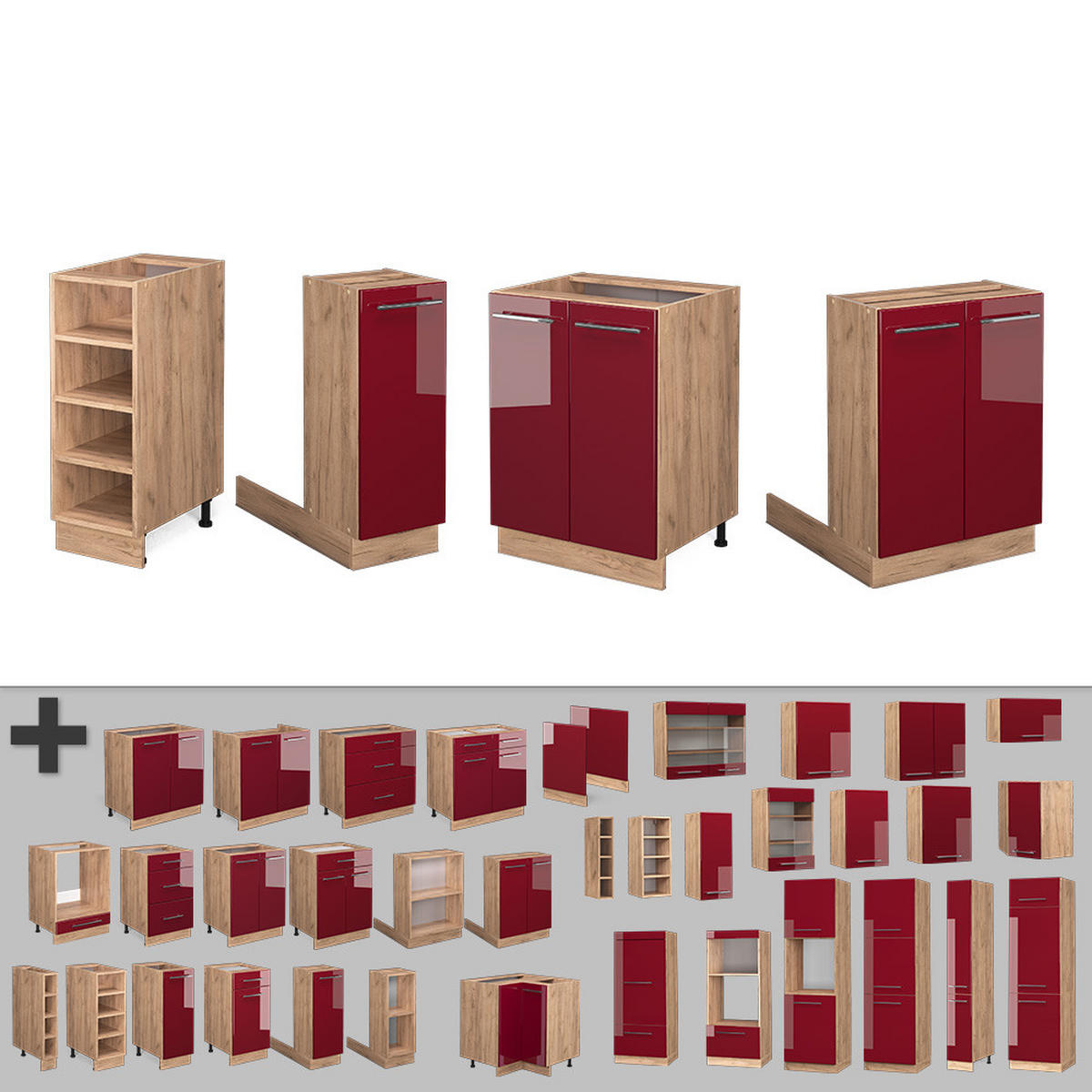 KÜCHENINSEL Fame-Line Bordeaux Hochglanz/Goldkraft Eiche 90 cm ohne AP - Honigeiche/Bordeaux, Holzwerkstoff (90/82/82cm) - Vicco