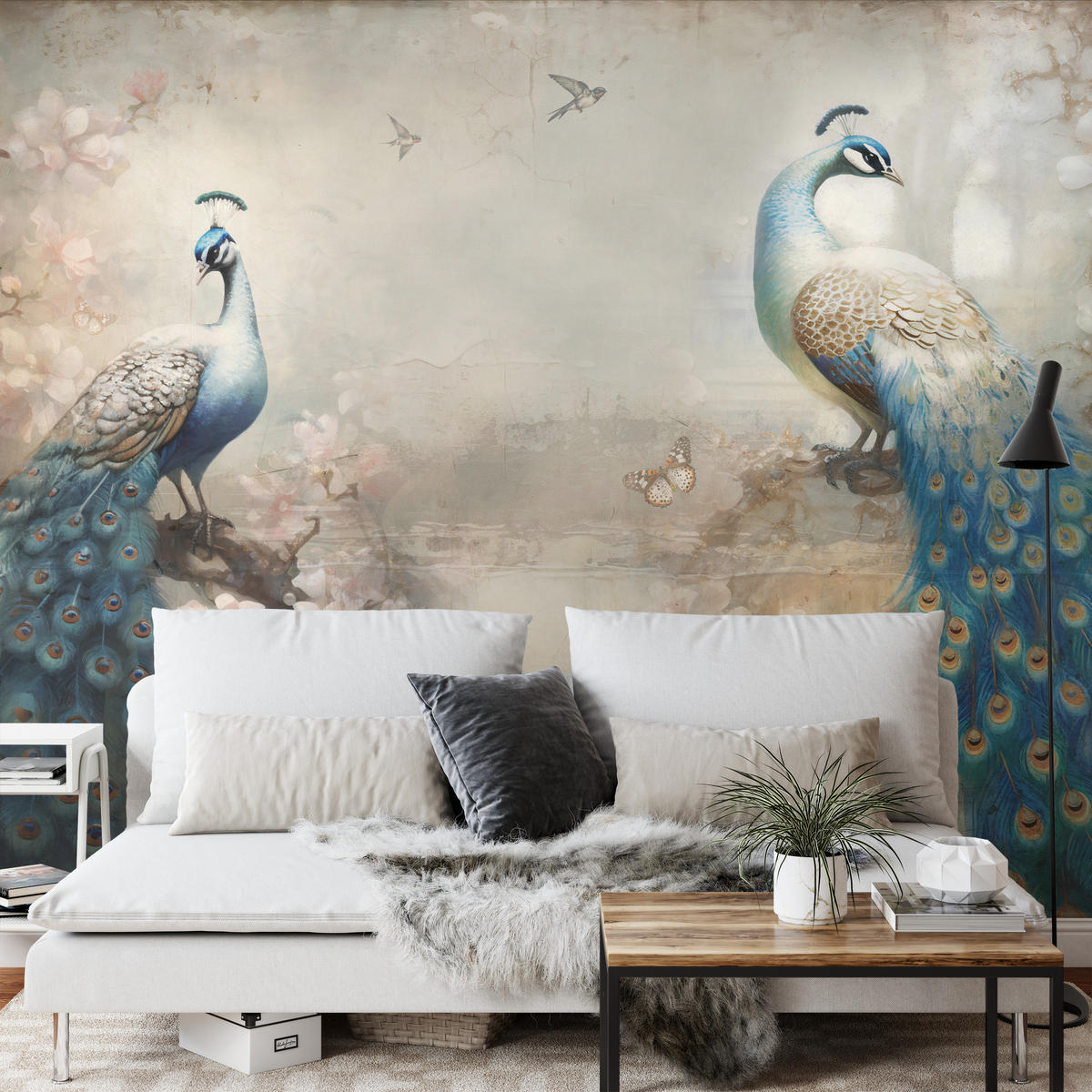 FOTOTAPETE Abstrakte Pfauen Blumen Beton Vintage 250x175 - Blau/Beige, Papier (250/175cm) - Muralo