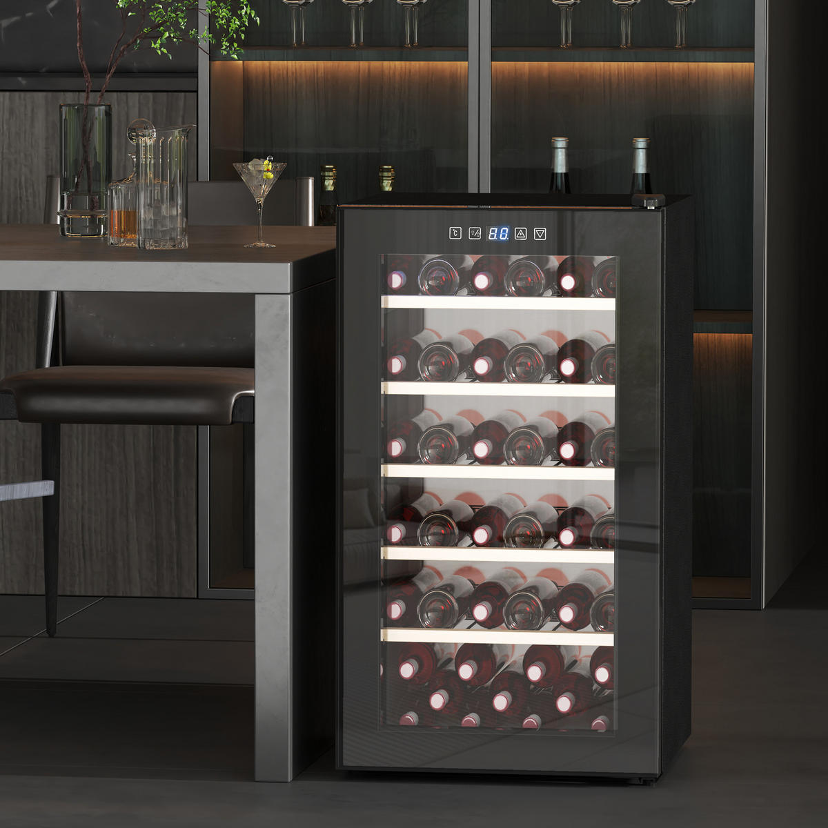 WEINKÜHLSCHRANK für 41 Weinflaschen, 91 Liter Kapazität, LED-Anzeige, Schwarz - Schwarz, Metall (53.8/79.8/45.1cm) - HOMCOM