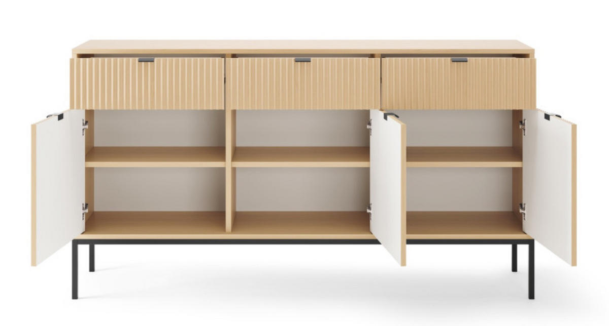 KOMMODE Vicenza Eiche KSZ154 Auf Schwarzen Beinen Mit Regalen - Beige, Holzwerkstoff (154/83/39cm) - Sepro Meble