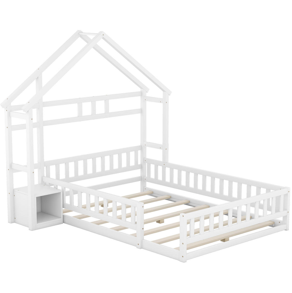 KINDERBETT in Hausform mit Geländer 140x200 cm Kiefernholz Weiß mit Nachttisch - Weiß, Holzwerkstoff (140/200cm) - Beauniv