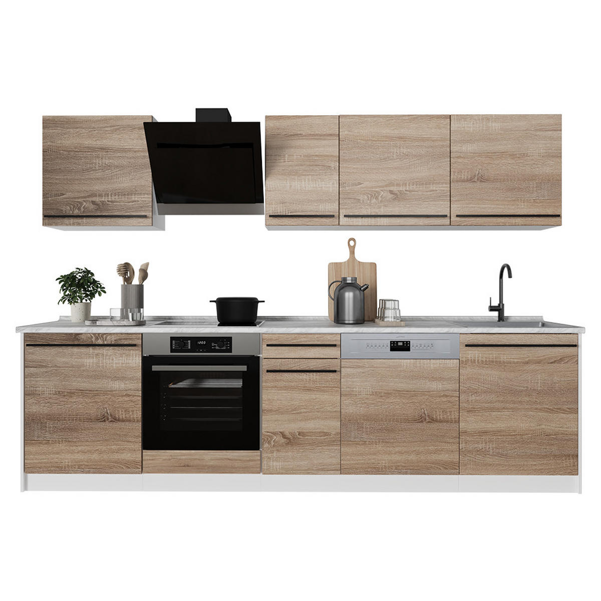 KÜCHENZEILE R-Line, Sonoma/Weiß, 280 cm Arbeitsplatte Marmor - Weiß/Sonoma Eiche, Holzwerkstoff (280/206.8/60cm) - Vicco