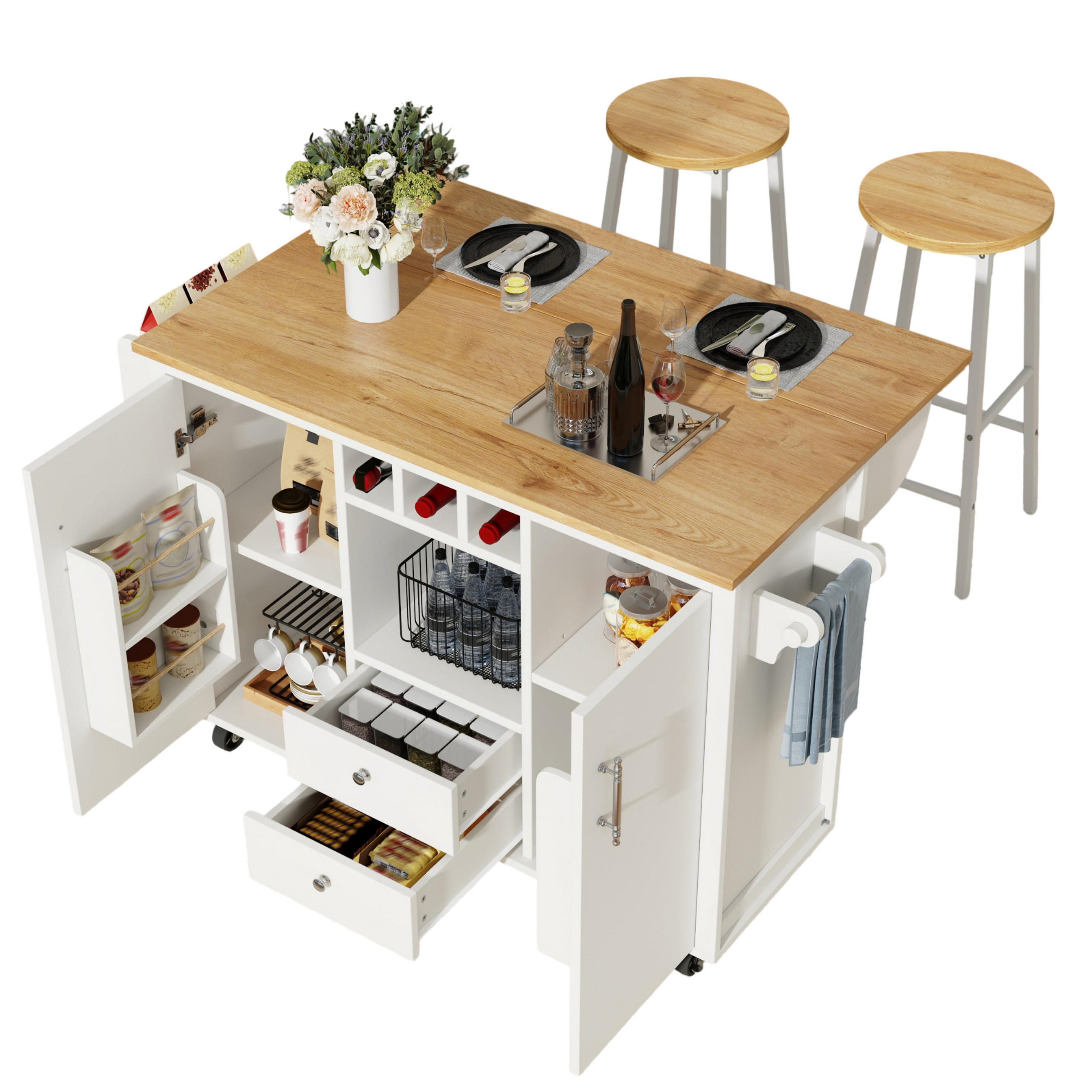 SERVIERWAGEN DE-39258 mit 2 Barhockern Weiß - Weiß, Holzwerkstoff (137.9/92/45cm) - ComfortXL