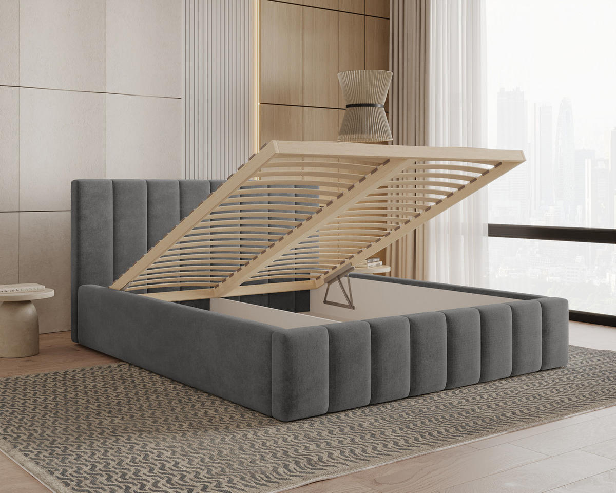 POLSTERBETT 01 180 x 200 cm – Flow – Bett mit Federmechanismus und Stauraum - Grau, Holz (180/200cm) - ROYAL24_MARKT