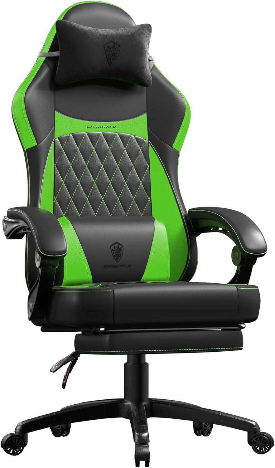 GAMING-STUHL ergonomischer mit Lendenwirbelstütze, Fußstütze, PU-Leder - Grün, Leder (65/127/63cm)