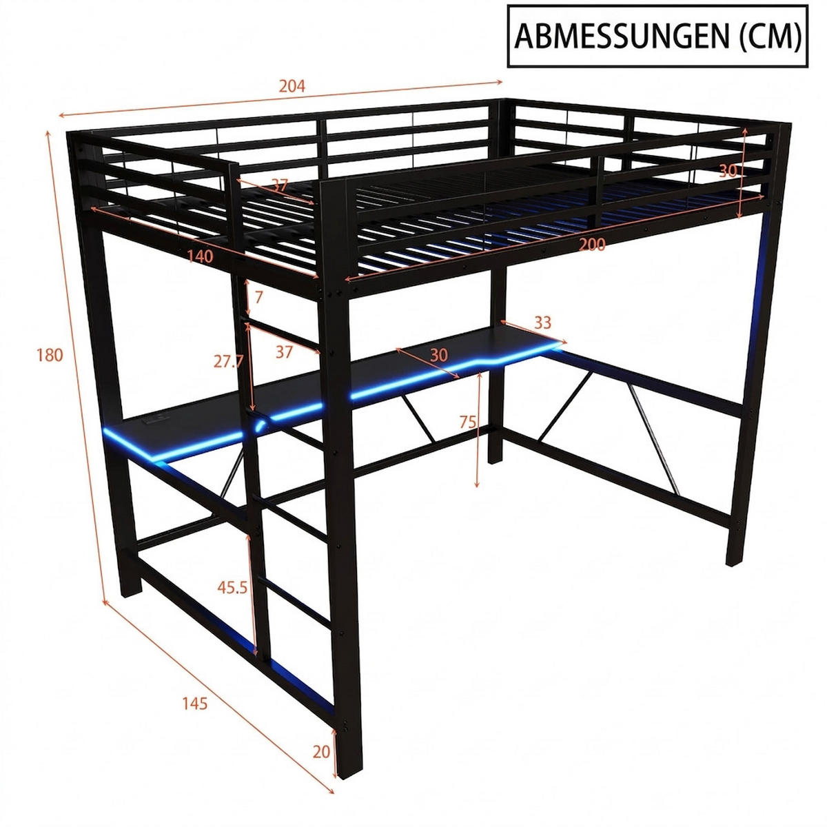 HOCHBETT 90/200 cm Schwarz mit LED-Beleuchtung, USB-Ladestation und Schreibtisch - Schwarz, Metall (90/200cm) - Oxeza