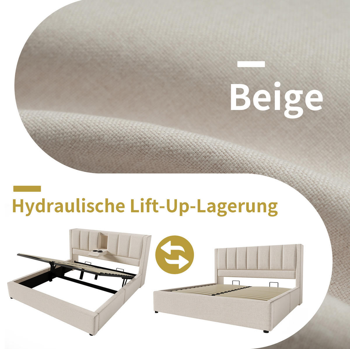 POLSTERBETT aus Leinen 140x200 cm Beige mit Stauraum, USB-Ladestation und Becherhaltern - Beige, Textil (140/200cm) - IVMEU