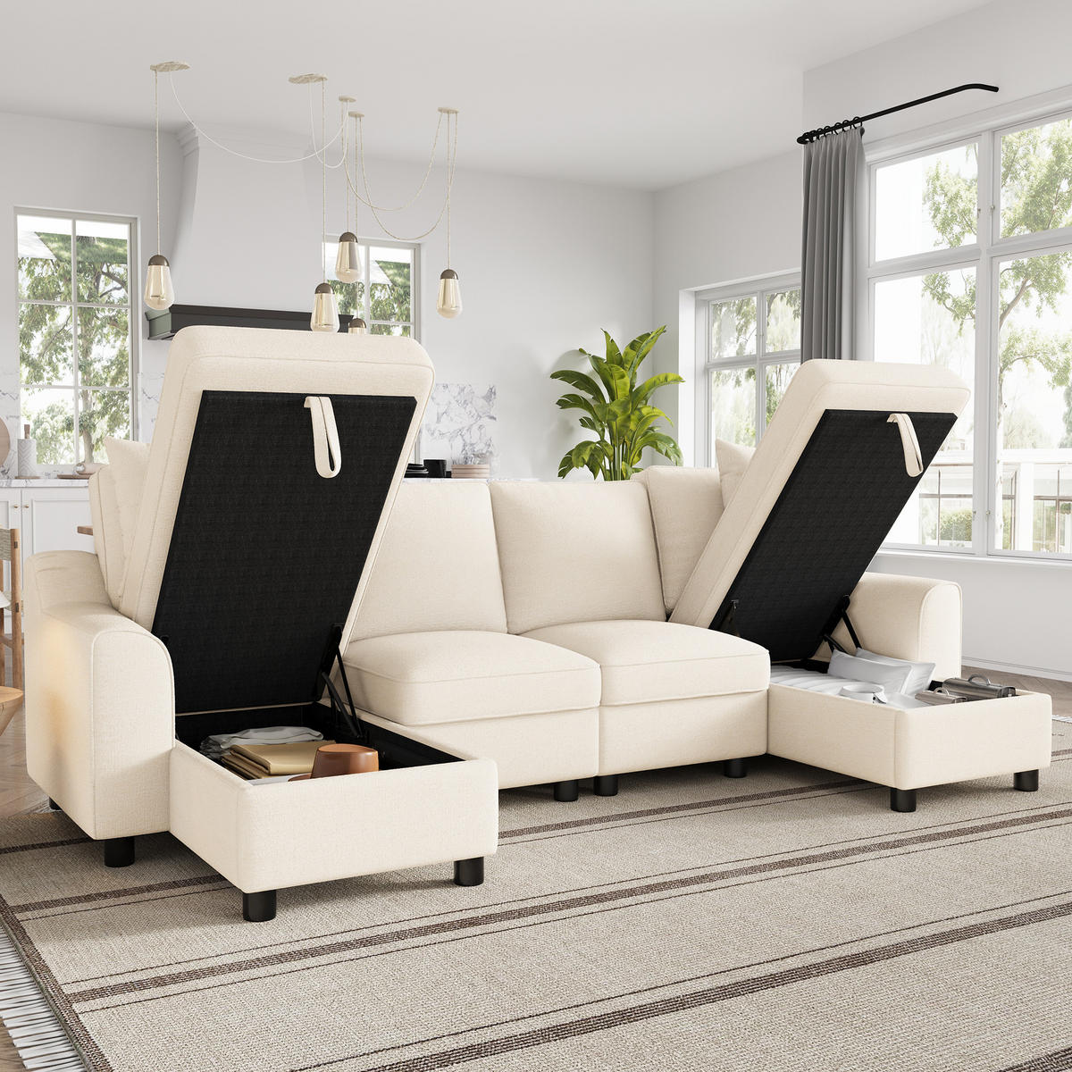 ECKSOFA U-Form 280/137/84 cm Beige mit 2 Chaiselongues als Ecksofa und aufklappbarem Stauraum - Beige, Textil (137/84/280cm) - Oxeza