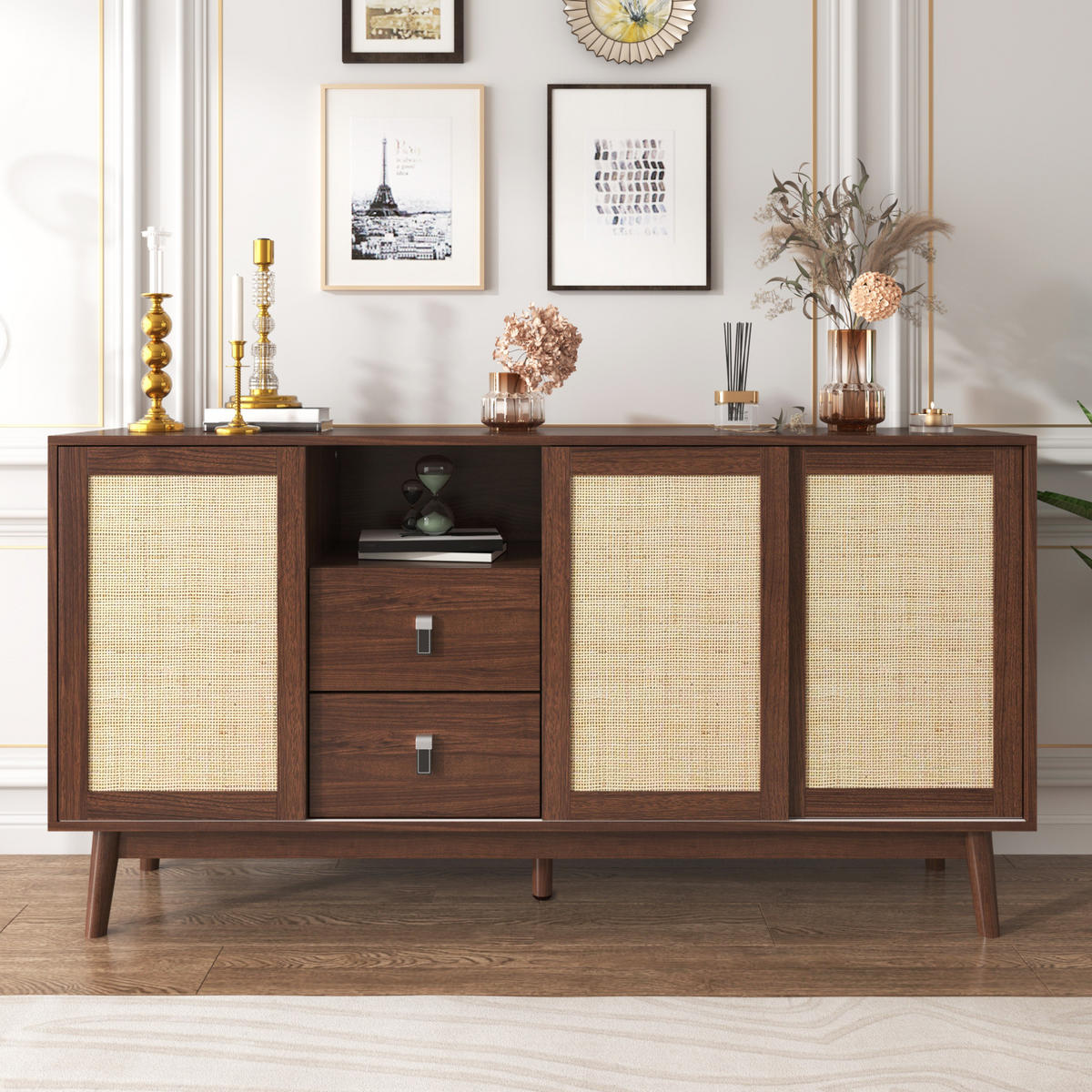 SIDEBOARD mit 3 Schiebetüren und 2 Schubladen 155 x 38 x 80 cm dunkles Holz - Dunkelbraun, Holzwerkstoff (155/80/38cm) - Meubliv