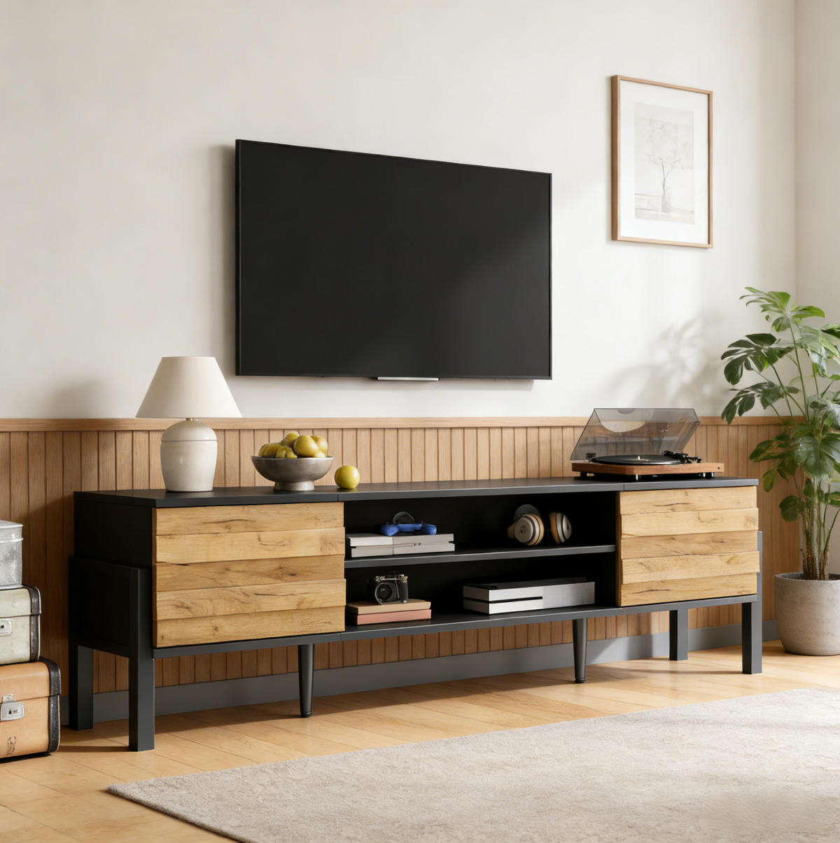 LOWBOARD in Schwarz TV-Schrank mit 2 Schränken und offenem Stauraum,geeignet für Fernseher bis 70 Zoll, B175/T39.5/H53cm - Schwarz/Naturfarben, Holzwerkstoff/Metall (175/53/39.5cm) - STILVORA