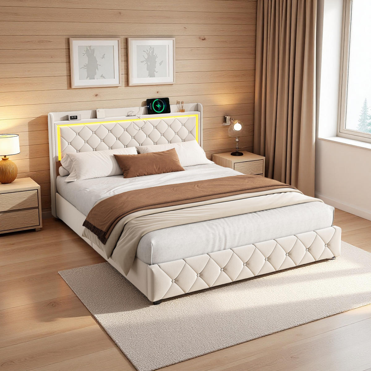 POLSTERBETT 140x200 cm LED USB Stauraum 4 Schubladen Lattenrost beige - Beige, Holz (140/200cm) - LEBENLANG
