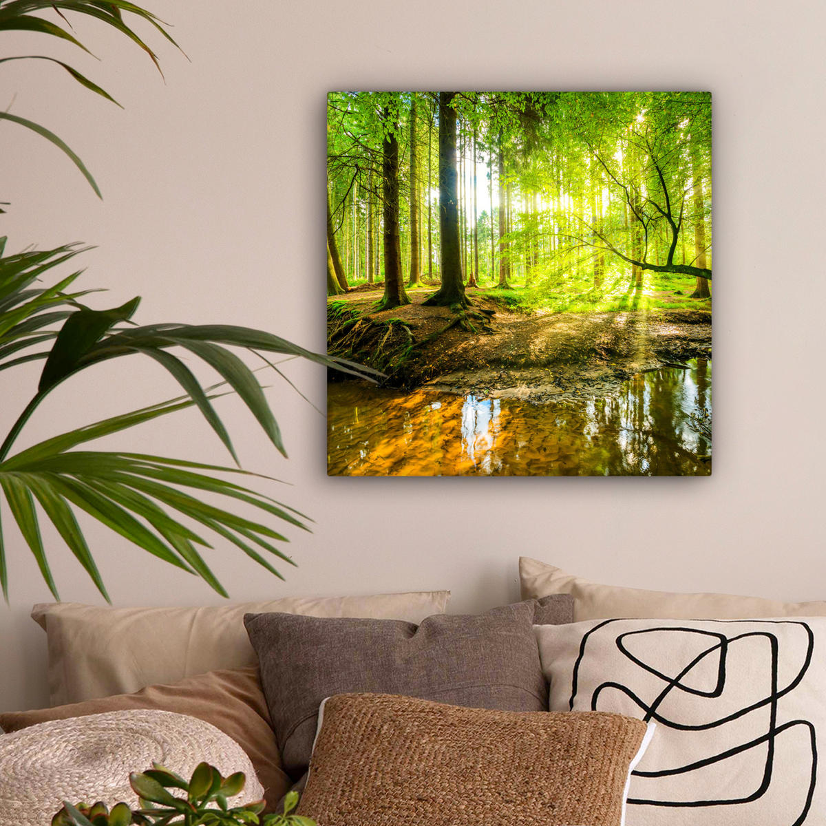 LEINWANDBILD Wald - Landschaft - Wasser - Bäume - Sonne - Grün - Natur Wandbild Wohnzimmer 50x50 cm - Grün, Textil (50/50cm) - MuchoWow