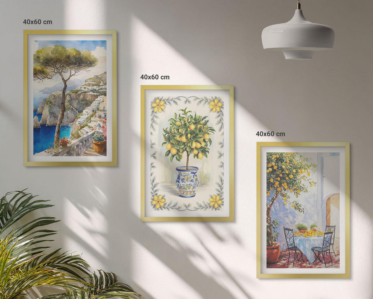 WANDBILDER 3er Set - 40x60 cm Goldrahmen - Blick auf das Meer aus Zitronenbäumen - Goldfarben, Kunststoff (40/60cm) - ArtPrintCave