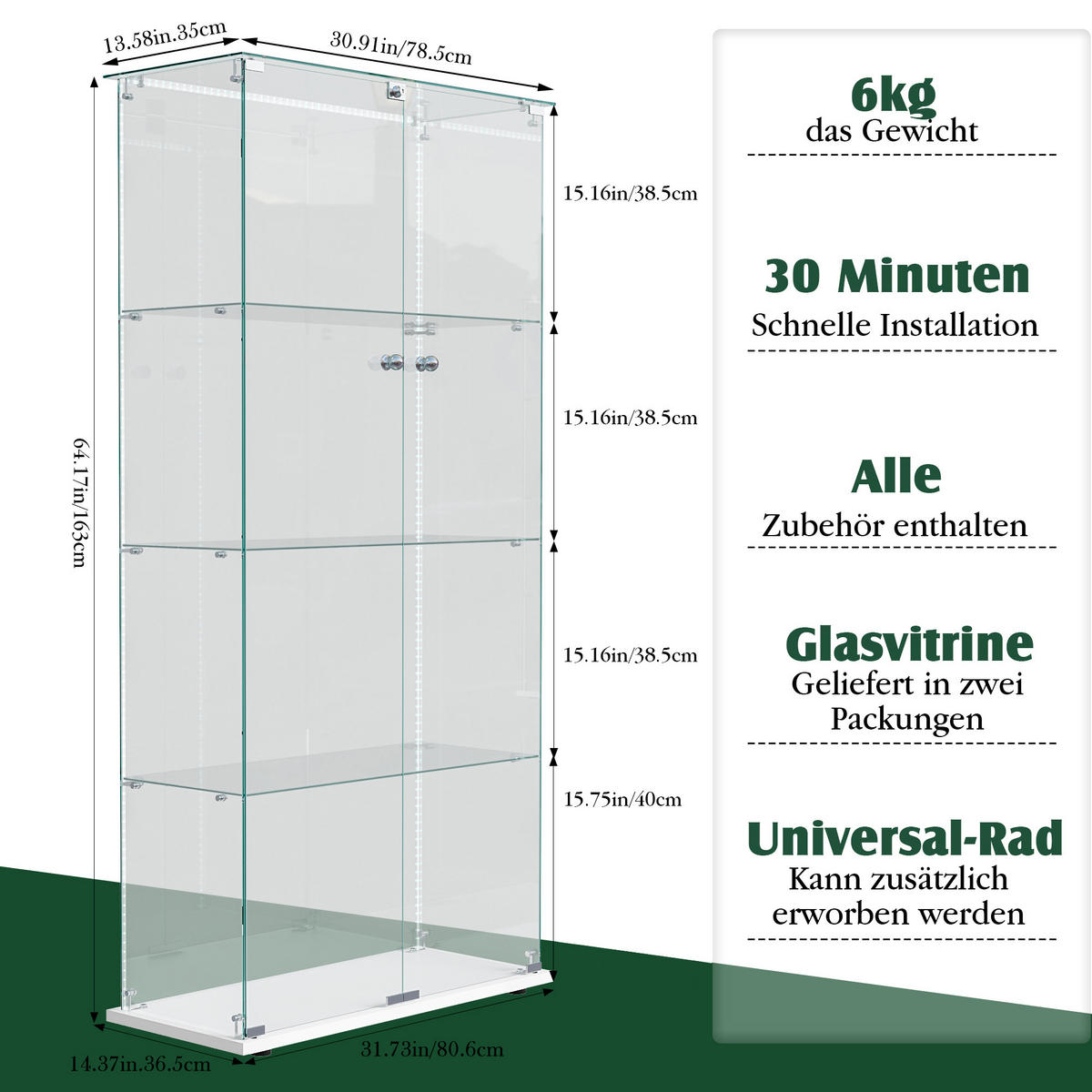 GLASVITRINE, Doppeltüren mit Schloss, 4 Einlegeböden, LED-Lichtleiste, Weiß - Weiß, Glas (78.5/163/35cm) - BRILVERDE