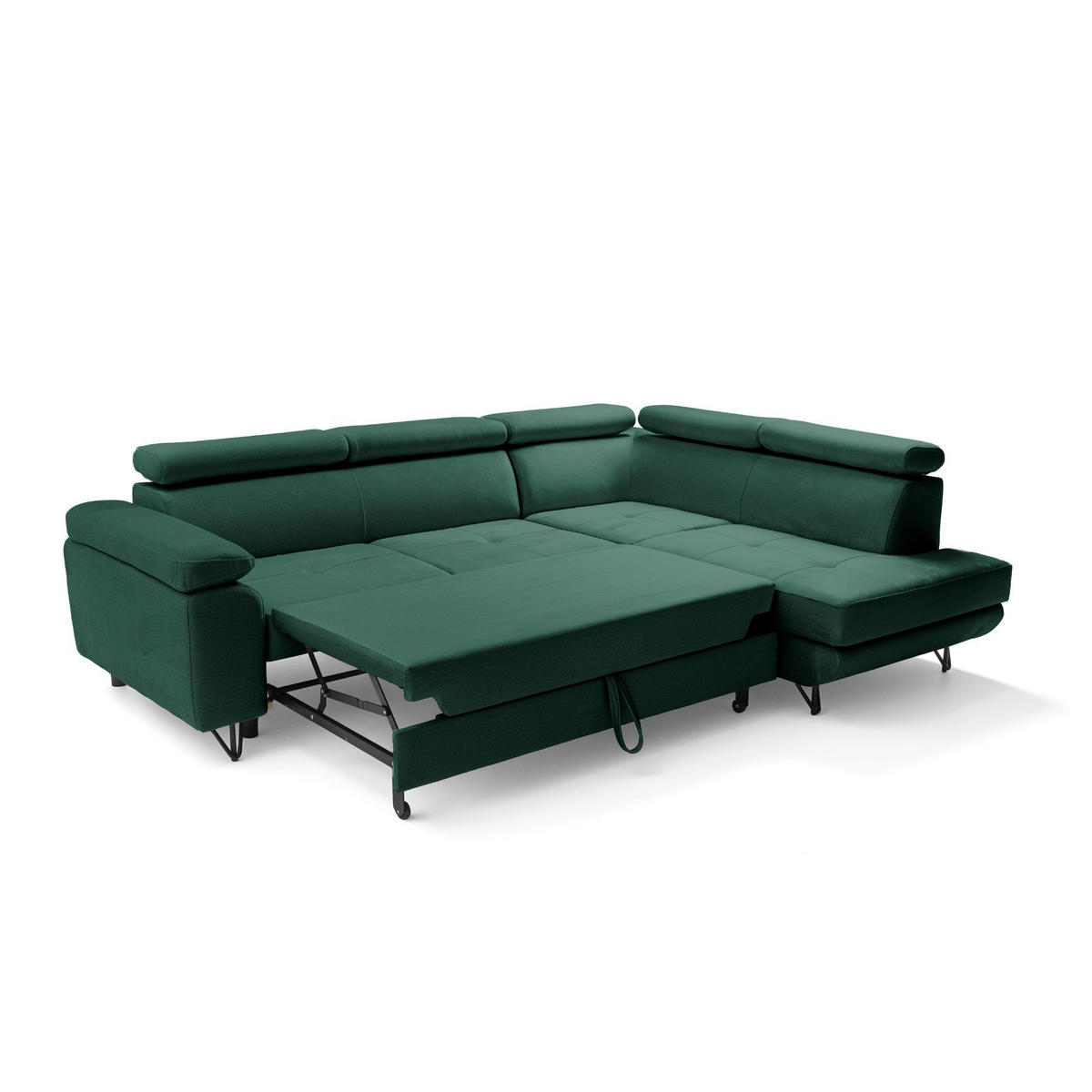 ECKSOFA JUNIOR L Rechts mit Schlaffunktion 194x128 Velours Dunkelgrün - Dunkelgrün/Schwarz, Holz/Textil (184/249cm) - Muffo