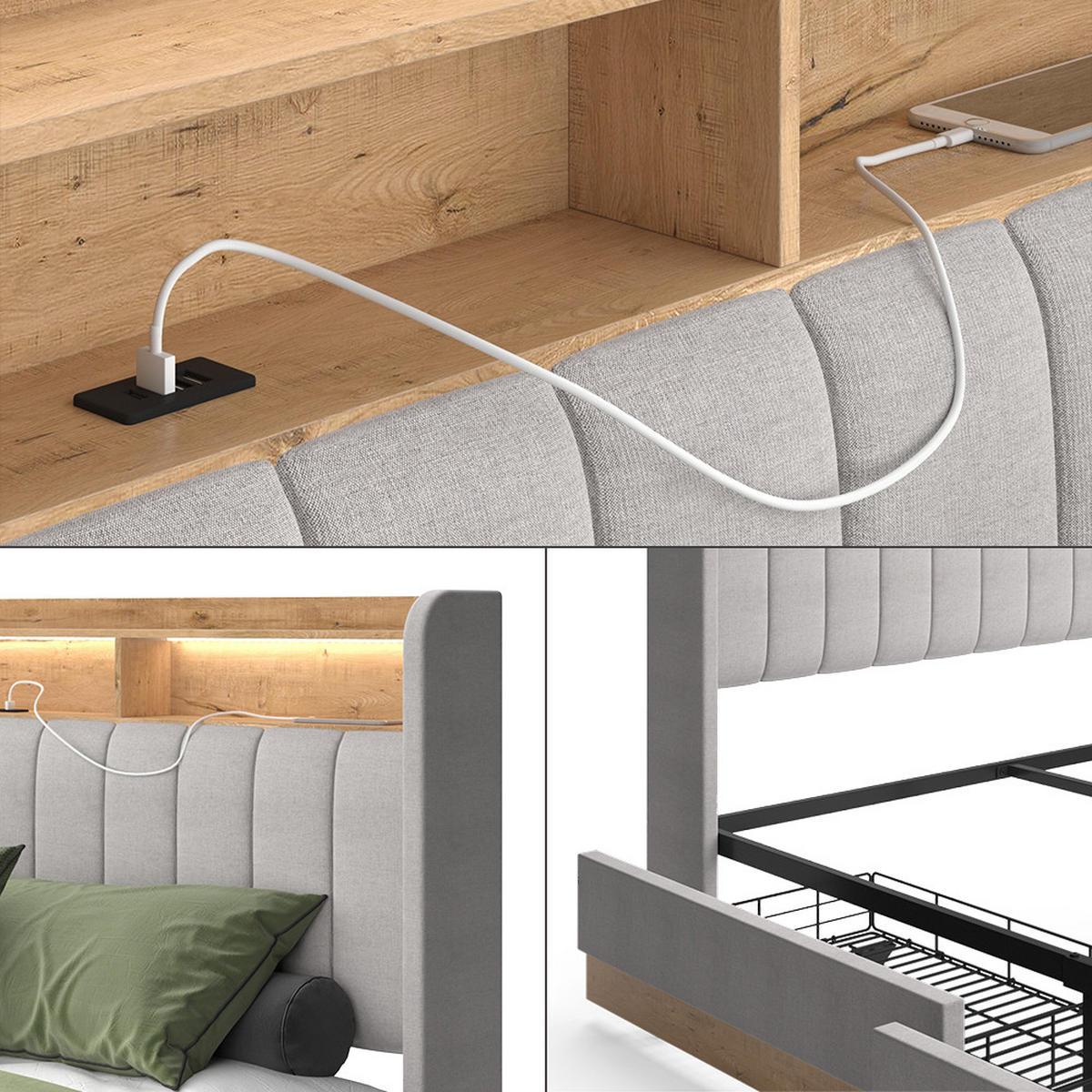 POLSTERBETT Nura Grau 160x200 cm mit 4 Schubladen - Grau, Holzwerkstoff - VitaliSpa