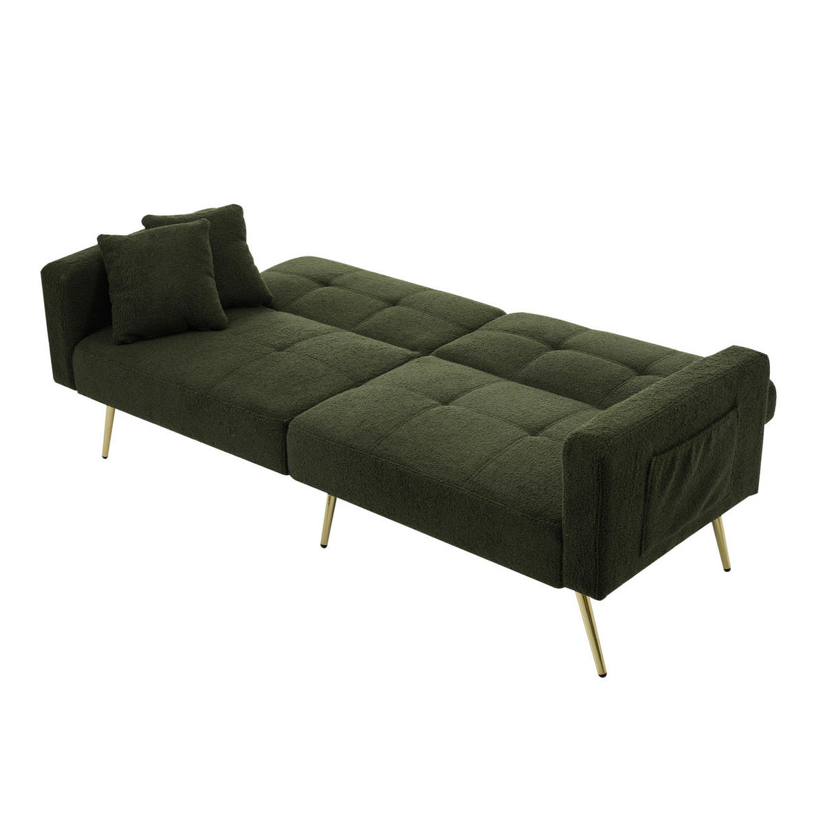 ROZKLADACIA pohovka 175/64/72 cm starozelená s polohovateľným operadlom a bočnými vreckami z látky sherpa - zelená, plast (175/72/64cm) - OKWISH