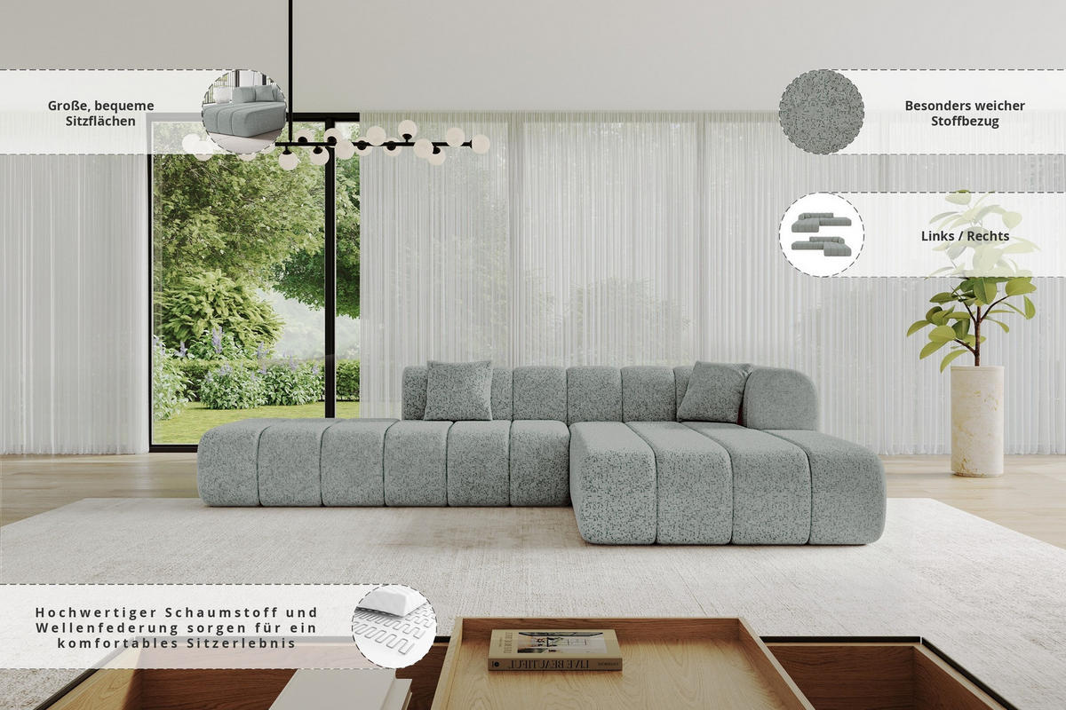 ROHOVÁ SEDAČKA s otomanem, pravá BILA-L 289x176x71 Zelená Žinylka - černá/mátově zelená, kompozitní dřevo/textil (289/176cm) - ALTDECOR
