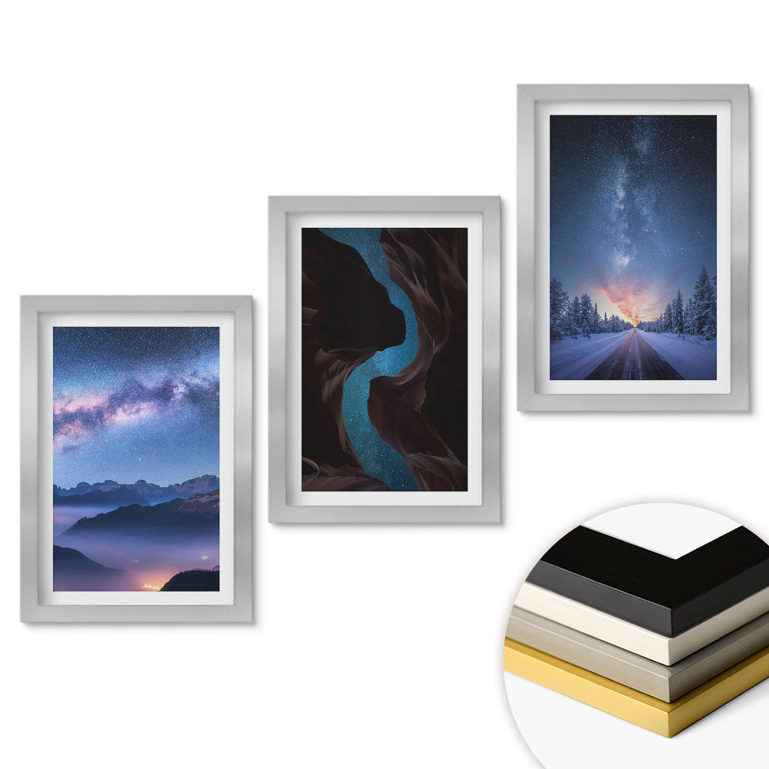 WANDBILDER 3er Set - 20x30 cm Silberner Rahmen - Nachthimmel, Berge, Winterlandschaft - Silberfarben, Kunststoff (20/30cm) - ArtPrintCave