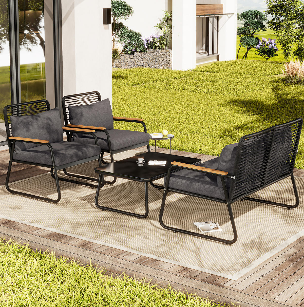 GARTENMÖBEL 118x65x78cm schwarz, feuerverzinkt, mit Glas und Kissen - Schwarz, Metall - Modfu