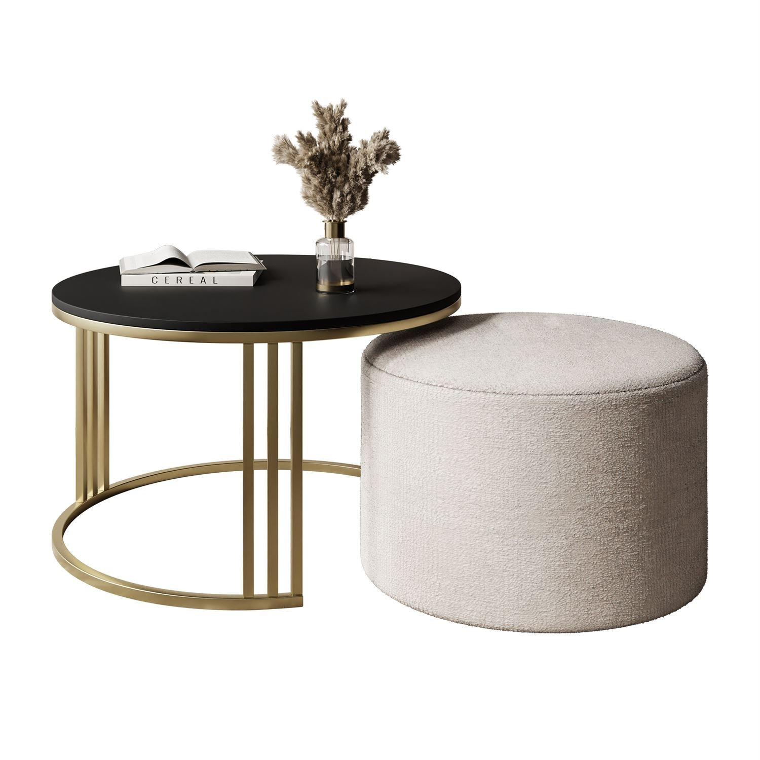 COUCHTISCH mit Hocker LORI MAT gebürstetes Gold/schwarz matt/Perfect Harmony 01 - Schwarz, Metall (70/70/49cm) - Lookway