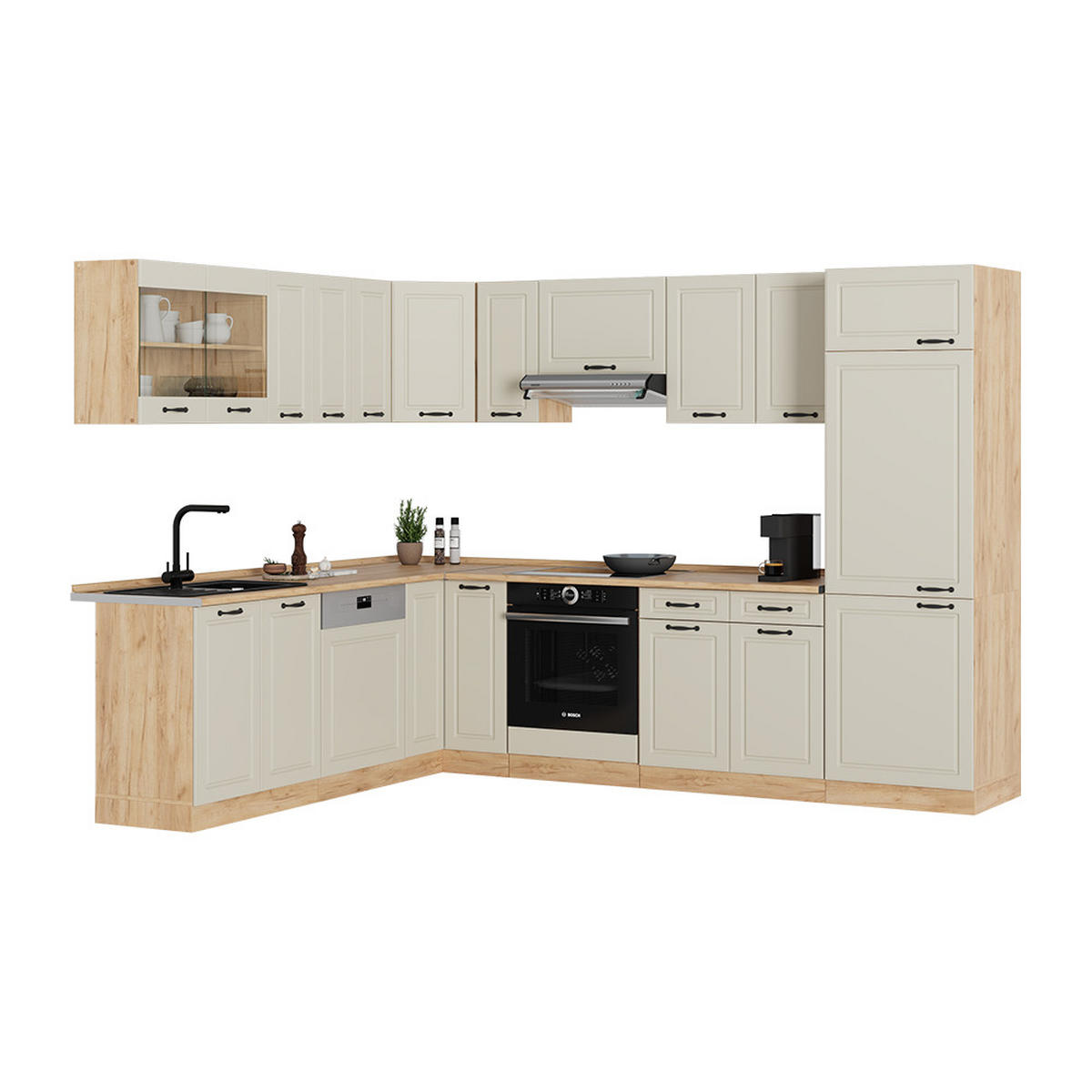 ECKKÜCHE R-Line, Sand Landhaus/Goldkraft Eiche, 287 x 227 cm - Honigeiche/Beige, Holzwerkstoff (287/206.8/46cm) - Vicco