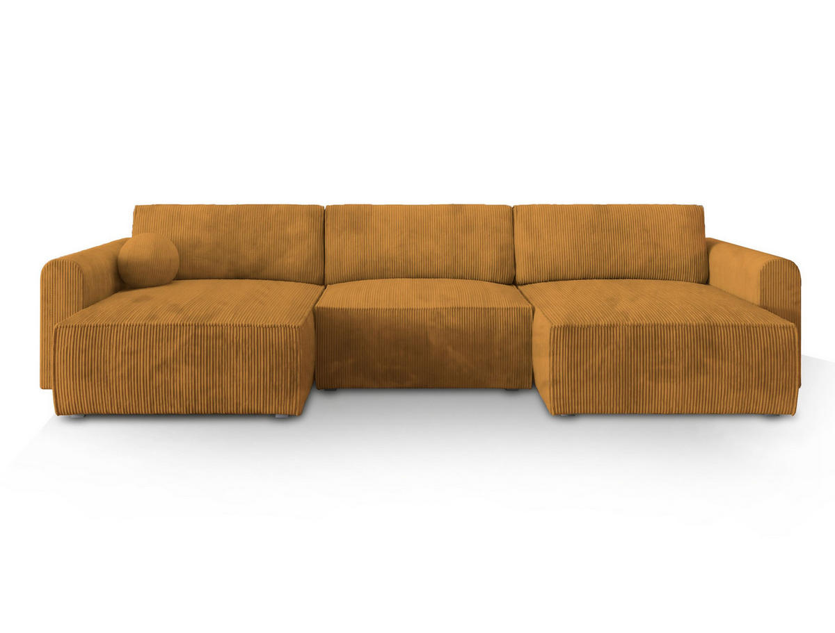 WOHNLANDSCHAFT FENTO P Gelb Kordstoff mit Schlaffunktion - Gelb, Holz (347/90/148cm) - MASSENO