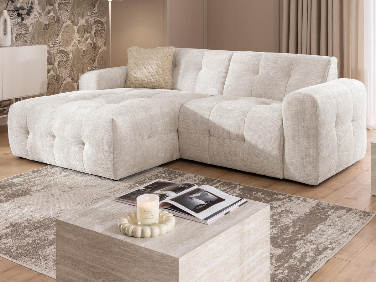 ECKSOFA Kozy im Bumpy-Design mit fester Rückenlehne aus weichem Beige Chenille-Stoff - Ottomane links - Beige/Creme, Holz/Kunststoff (161/234cm) - S-Style Möbel