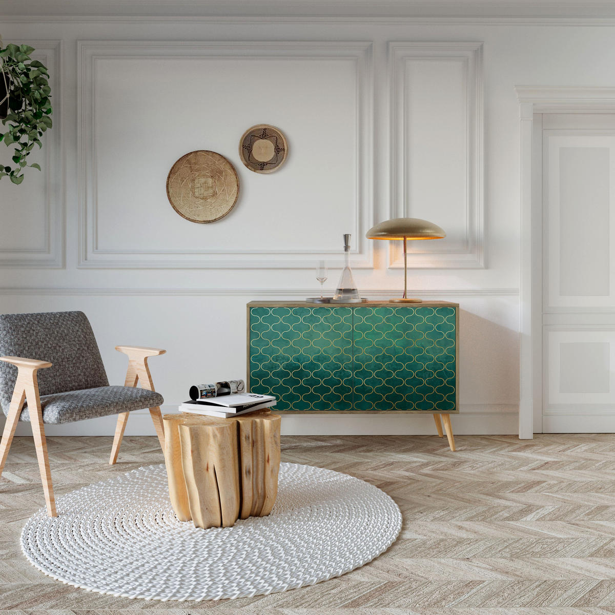 SIDEBOARD TESSELATED GREENERY, Eicheneffekt, 111x42x77,5 cm, 2 Türen - Eichefarben/Buchefarben, Holzwerkstoff/Buchenholz (111/77.5/42cm) - SpaceRebels