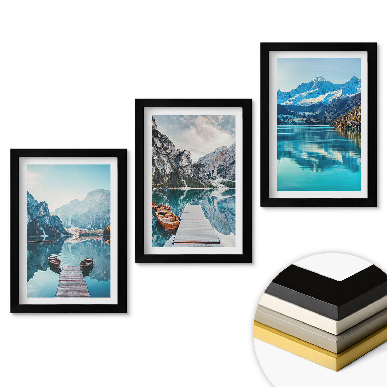 WANDBILDER 3er-Set - 20x30 cm Schwarzer Rahmen - Spiegelung der Boote auf Bergseen - Schwarz, Kunststoff (20/30cm) - ArtPrintCave