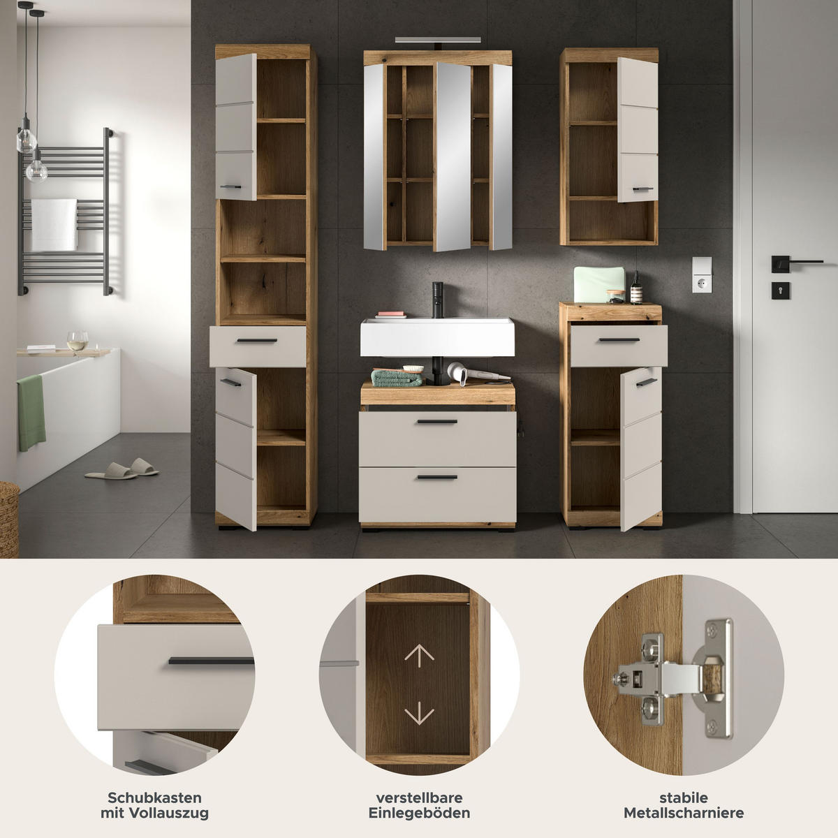 BAD-SET SCOUT 6-tlg. (B/H/T: ca. 164/191/34 cm) in Evoak Oak Nachbildung/- - Eichefarben, Holz (164/191/34cm)